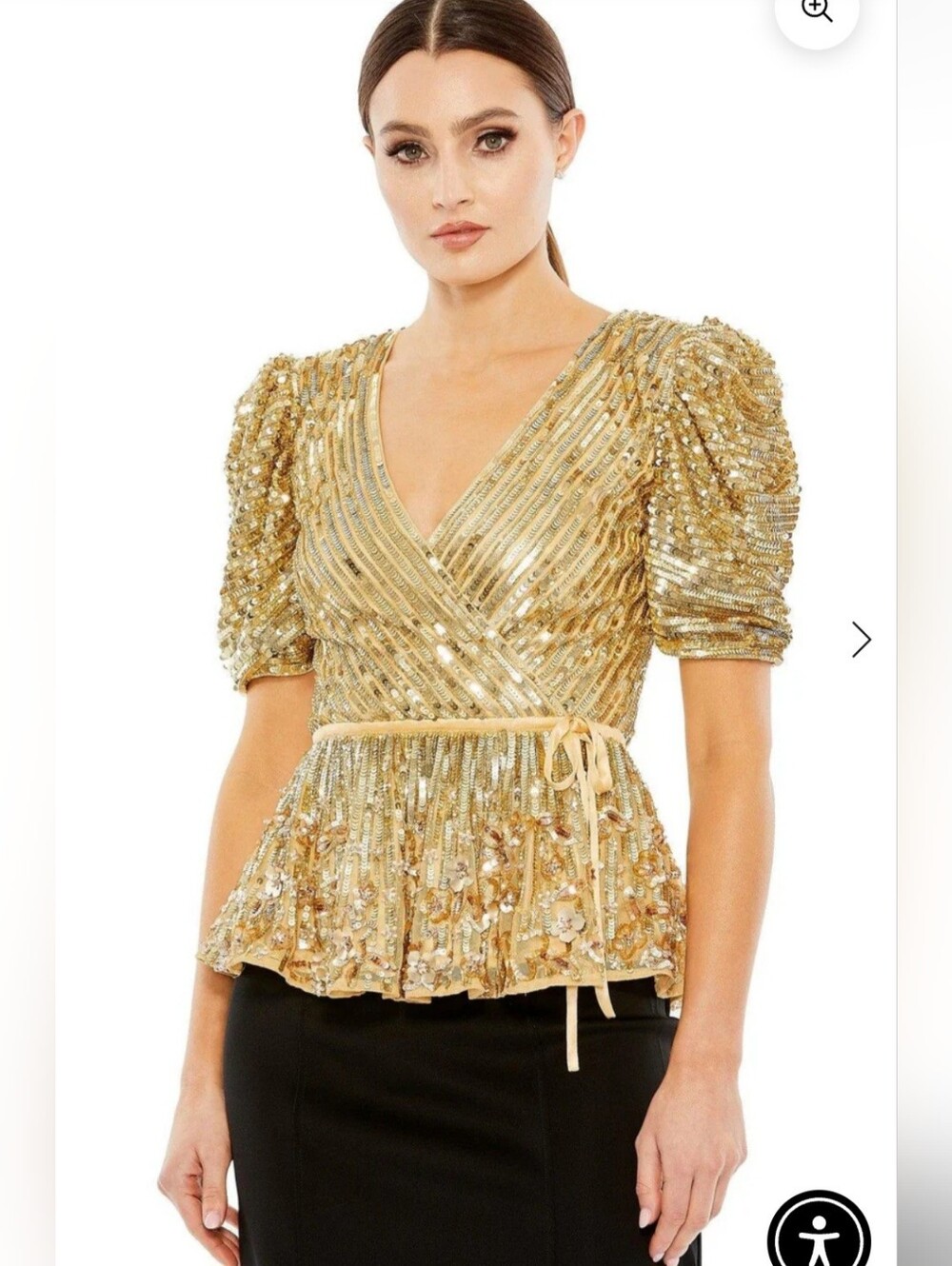 Mac Duggal R5694 Gold Sequin Wrap Peplum Top - Women Size Small